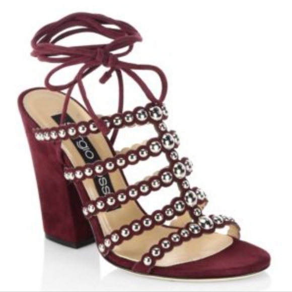 NEW SERGIO ROSSI Elettra Studded Suede Block Heel Sandals In Cherry - Picture 1 of 8